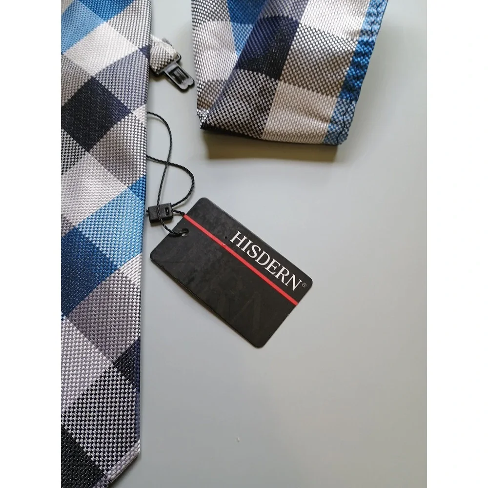NWT Boys Easy Zipper‎ Tie / Pocket Square Set (One Size) Plaid Blues Grays